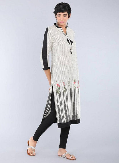 Beige Mandarin Neck Printed kurta - wforwoman