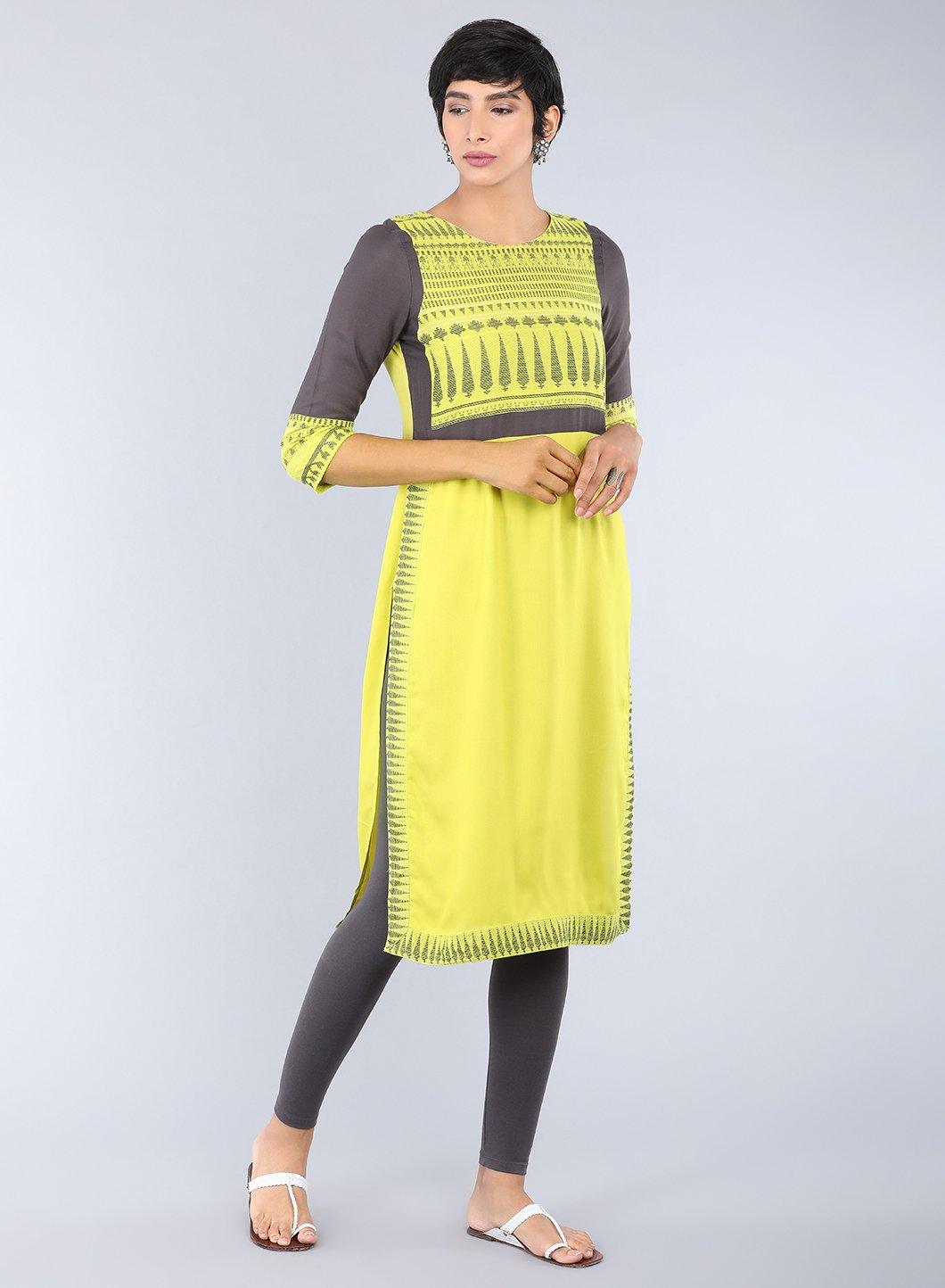 Green Round Neck Printed kurta - wforwoman