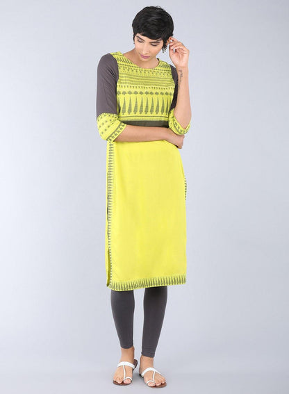 Green Round Neck Printed kurta - wforwoman