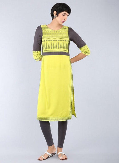 Green Round Neck Printed kurta - wforwoman