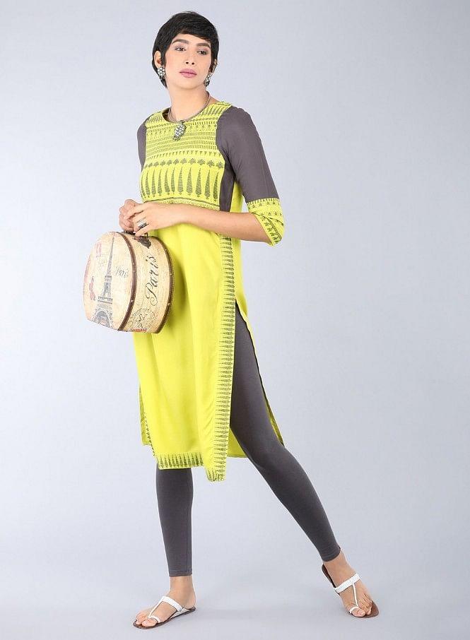 Green Round Neck Printed kurta - wforwoman