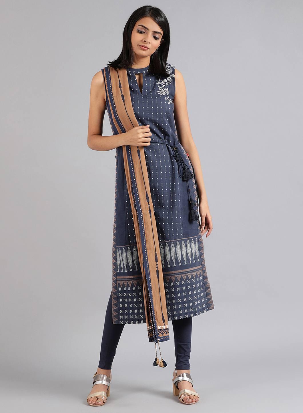 Blue Mandarin Neck Sleeveless kurta - wforwoman