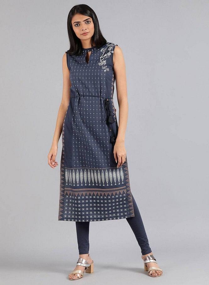 Blue Mandarin Neck Sleeveless kurta - wforwoman