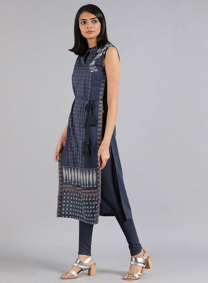 Blue Mandarin Neck Sleeveless kurta - wforwoman