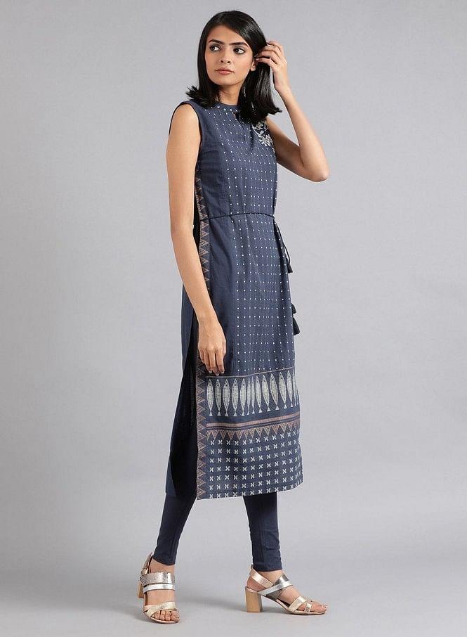 Blue Mandarin Neck Sleeveless kurta - wforwoman