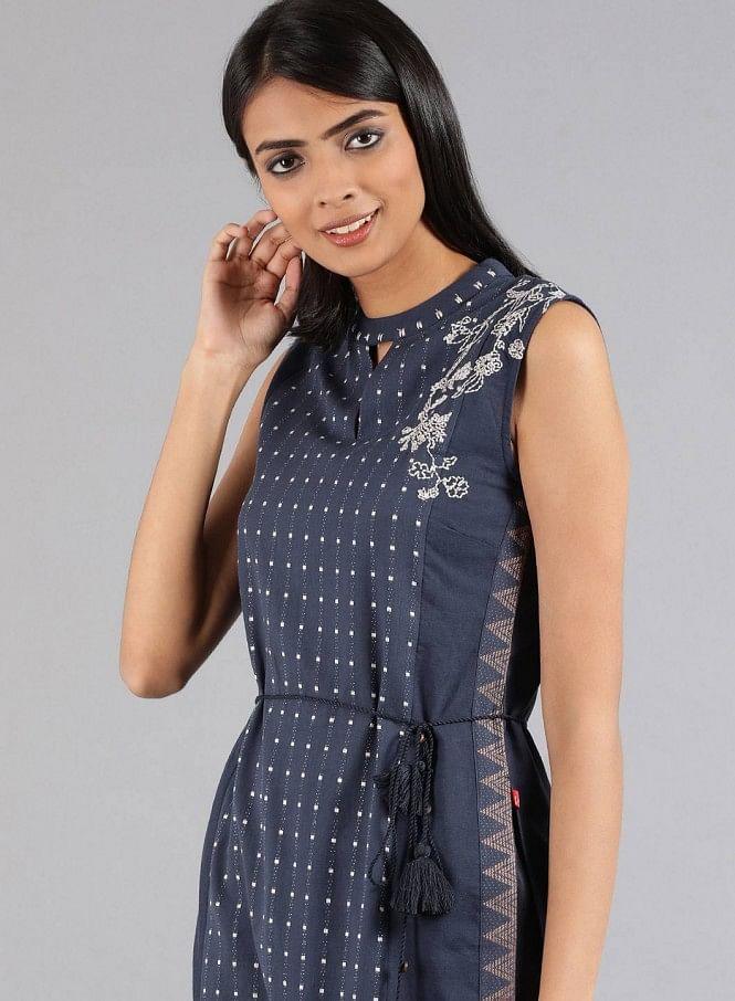 Blue Mandarin Neck Sleeveless kurta - wforwoman