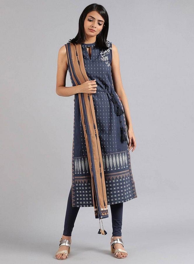 Blue Mandarin Neck Sleeveless kurta - wforwoman