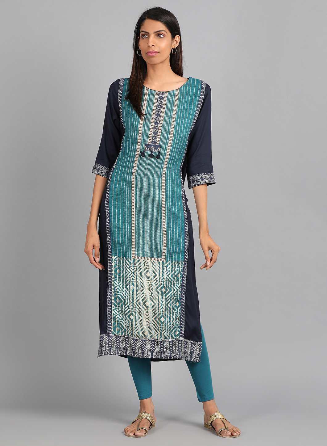 Teal Round Neck Printed kurta - wforwoman