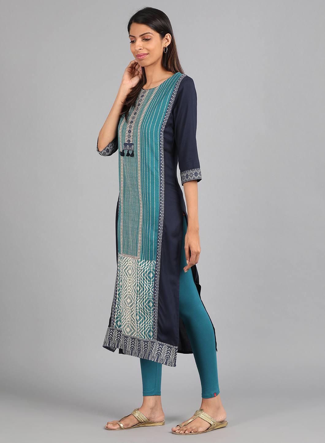 Teal Round Neck Printed kurta - wforwoman