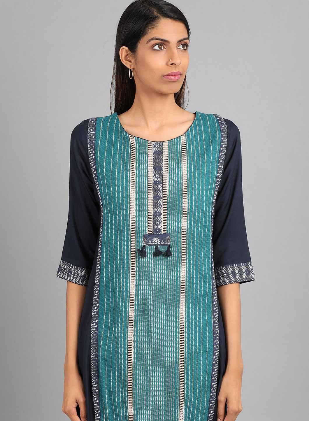 Teal Round Neck Printed kurta - wforwoman