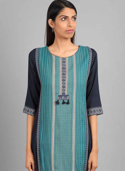 Teal Round Neck Printed kurta - wforwoman