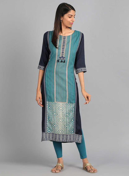 Teal Round Neck Printed kurta - wforwoman