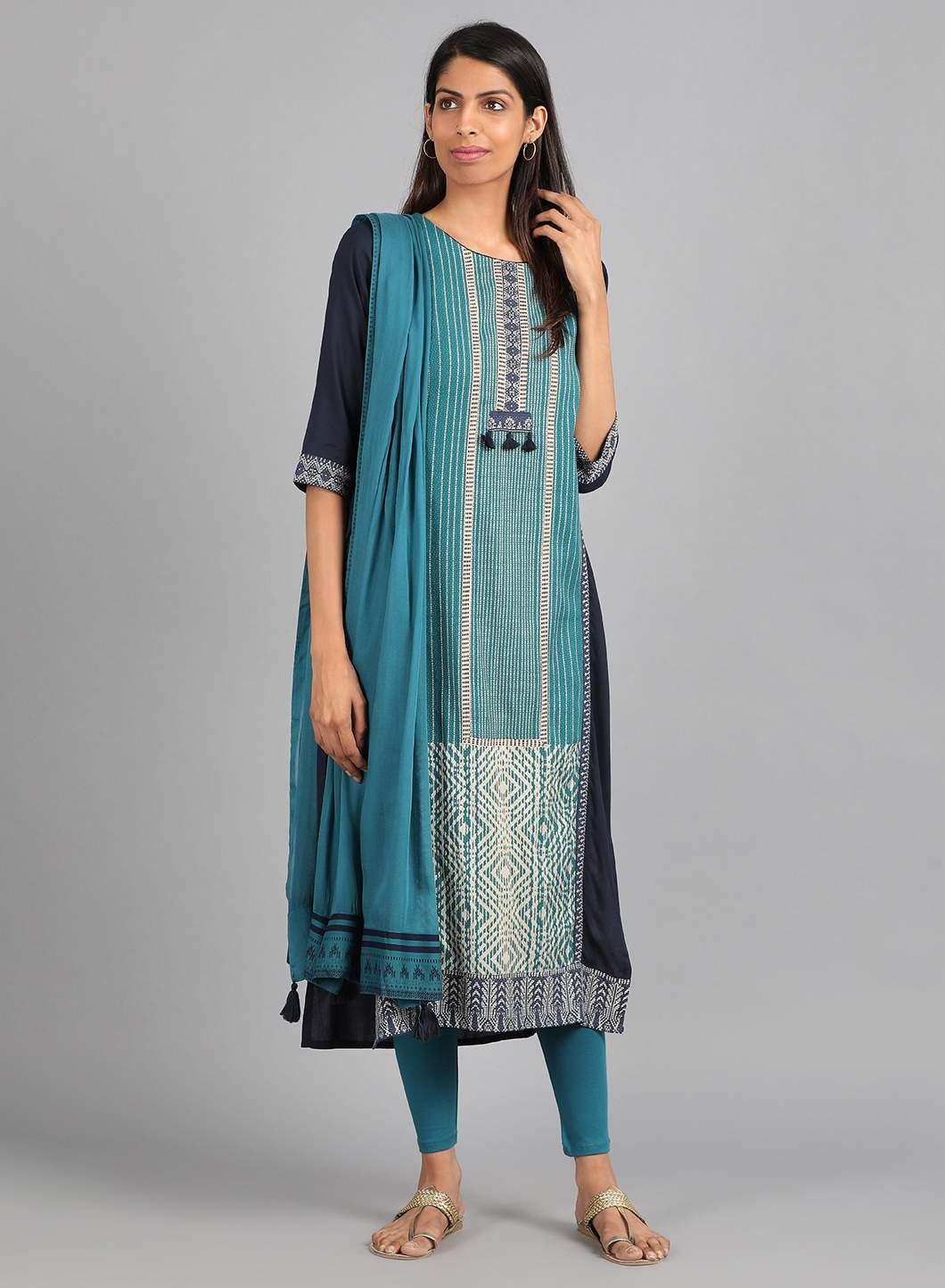 Teal Round Neck Printed kurta - wforwoman