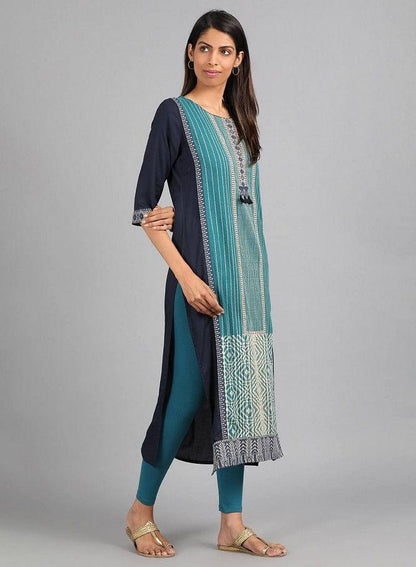 Teal Round Neck Printed kurta - wforwoman