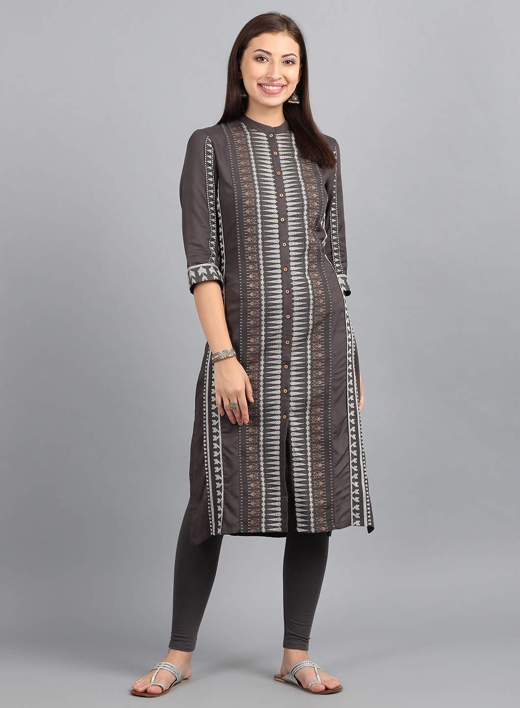 Grey Mandarin Neck Yarn-Dyed kurta - wforwoman