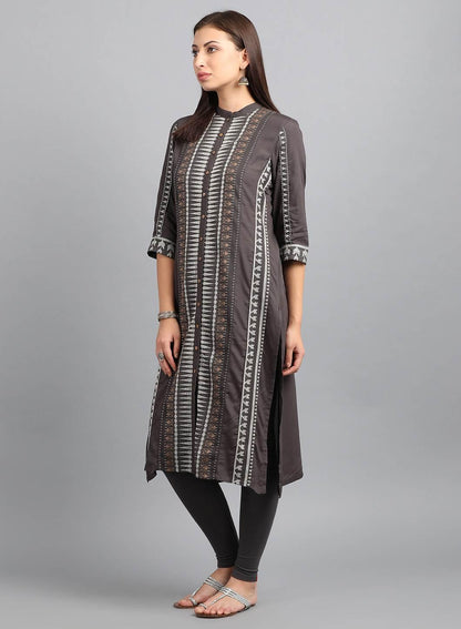 Grey Mandarin Neck Yarn-Dyed kurta - wforwoman