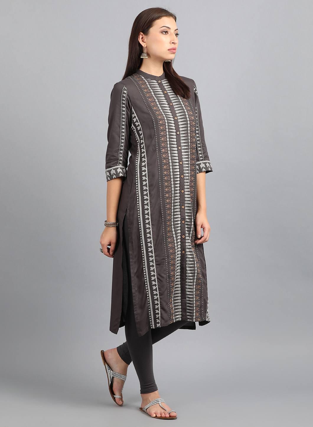 Grey Mandarin Neck Yarn-Dyed kurta - wforwoman