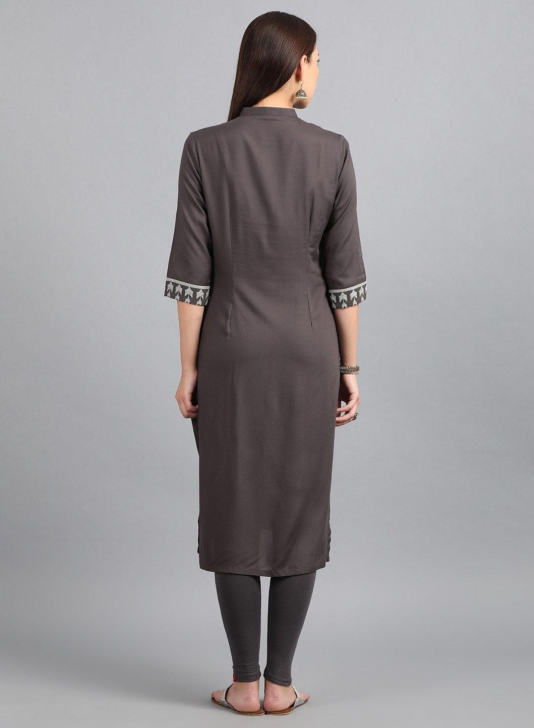 Grey Mandarin Neck Yarn-Dyed kurta - wforwoman