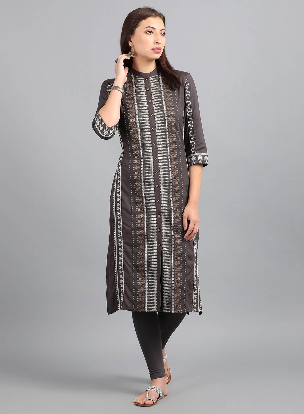 Grey Mandarin Neck Yarn-Dyed kurta - wforwoman