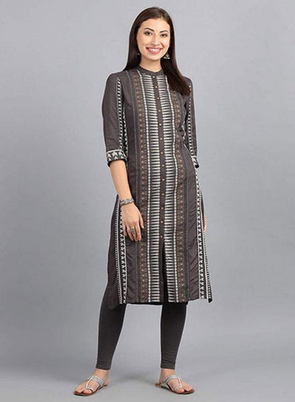 Grey Mandarin Neck Yarn-Dyed kurta - wforwoman