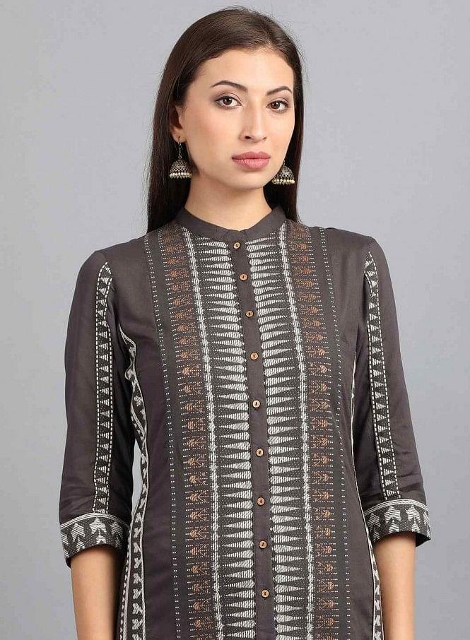 Grey Mandarin Neck Yarn-Dyed kurta - wforwoman