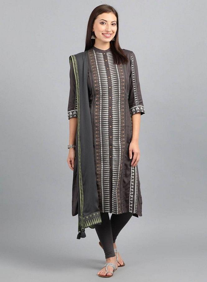 Grey Mandarin Neck Yarn-Dyed kurta - wforwoman