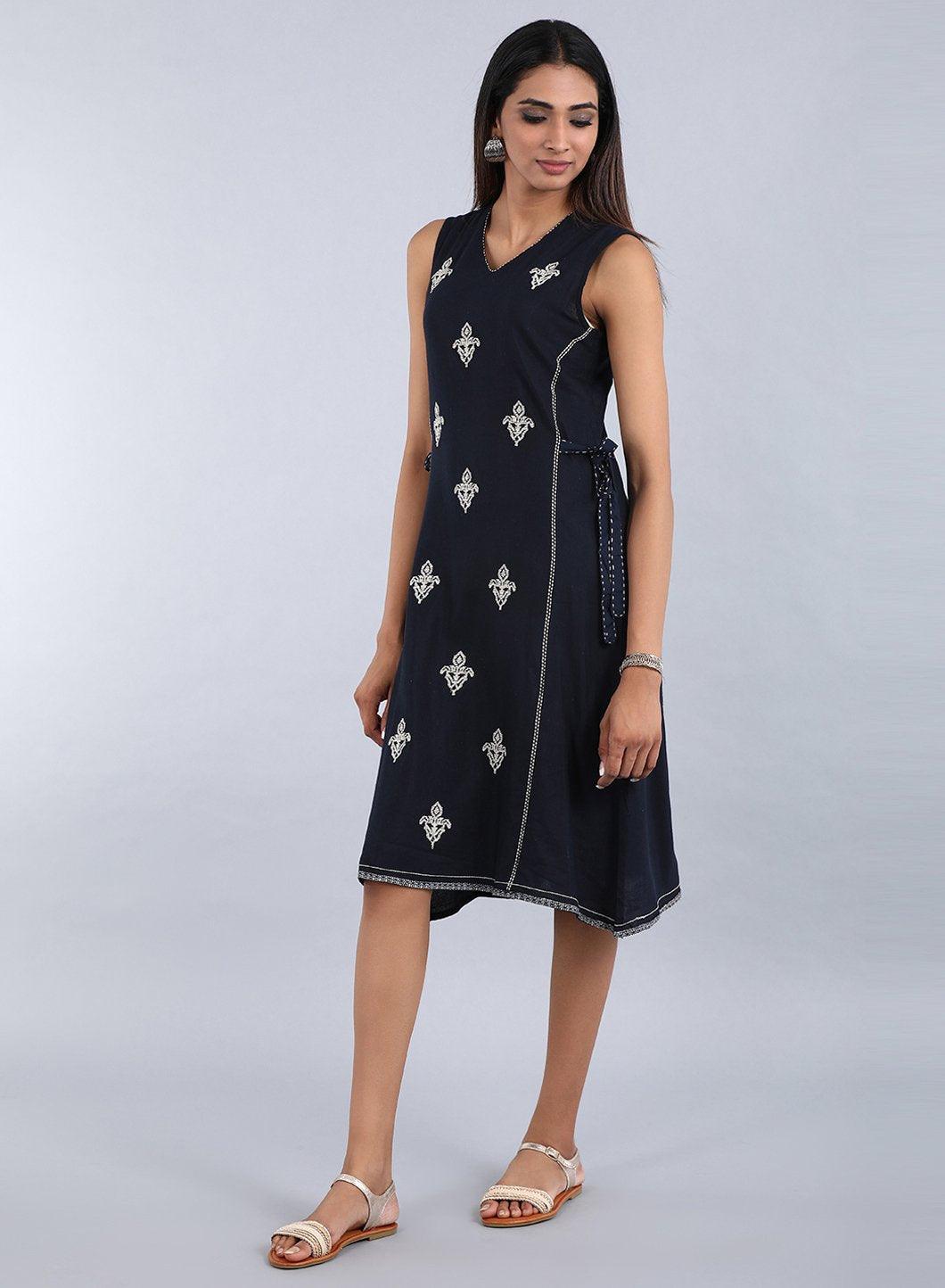 Blue V Neck Sleeveless kurta Dress - wforwoman