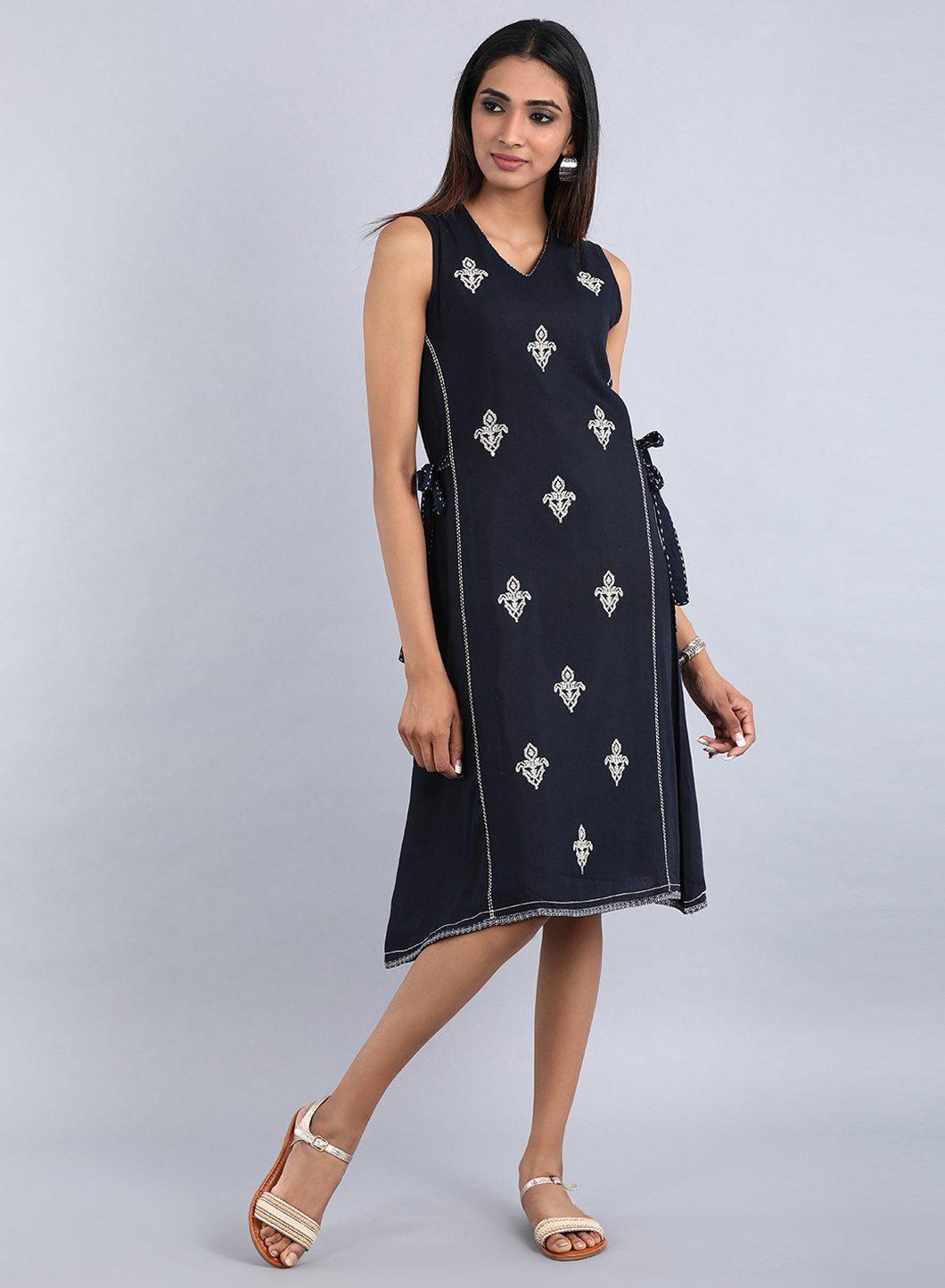 Blue V Neck Sleeveless kurta Dress - wforwoman