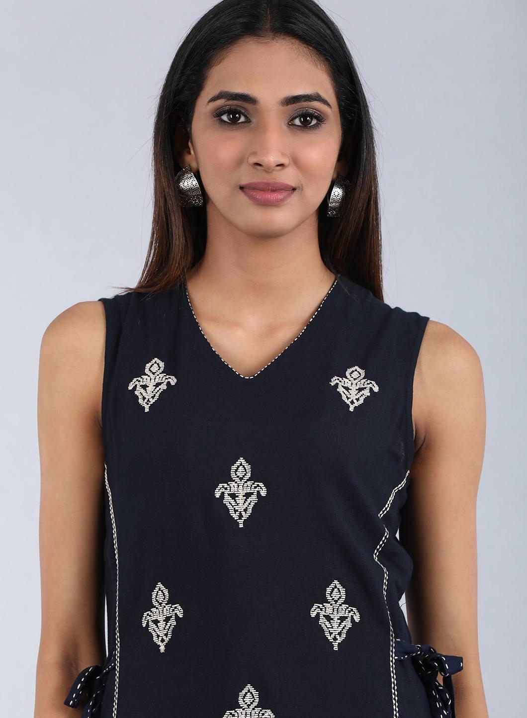 Blue V Neck Sleeveless kurta Dress - wforwoman