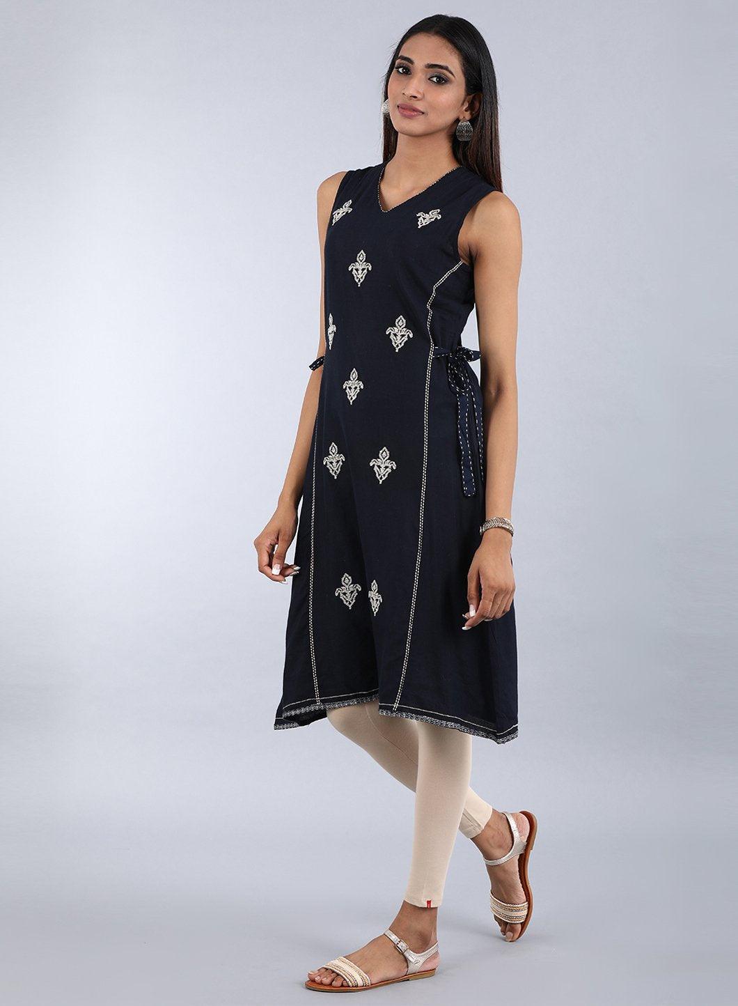 Blue V Neck Sleeveless kurta Dress - wforwoman