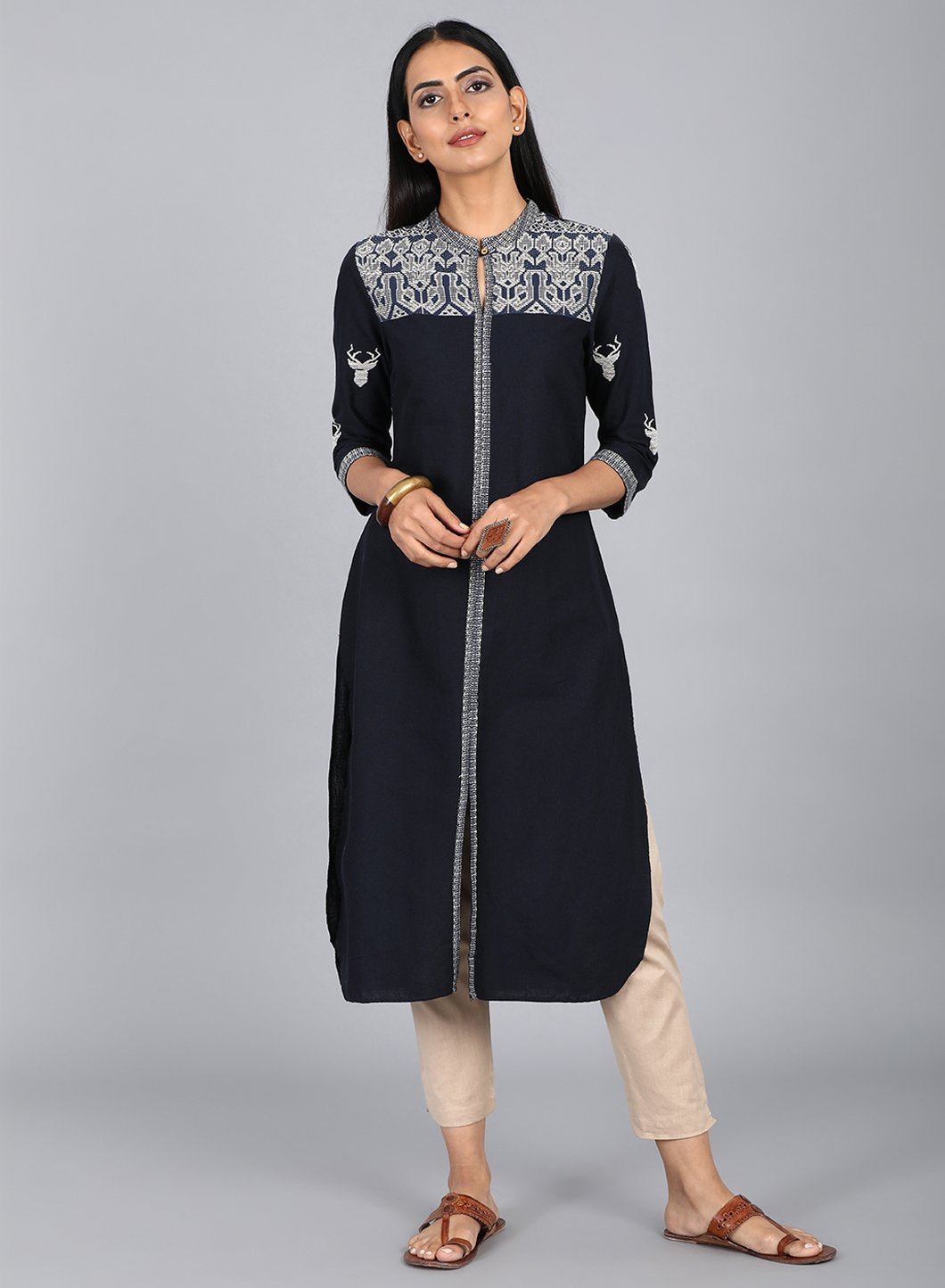 Blue Mandarin Neck Printed kurta