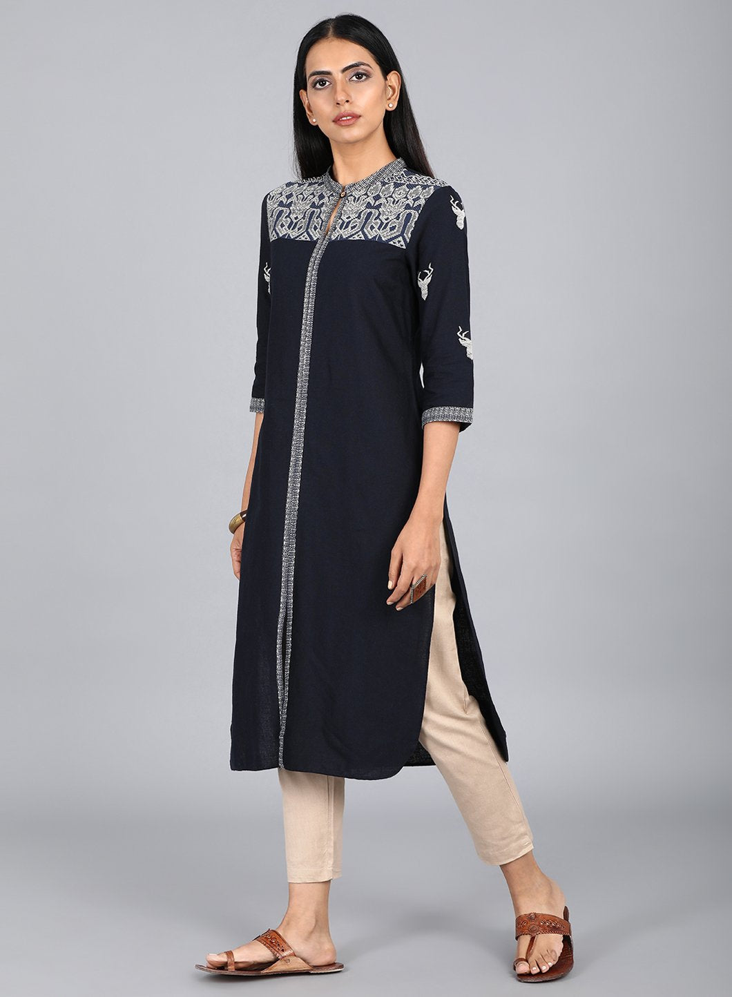 Blue Mandarin Neck Printed kurta