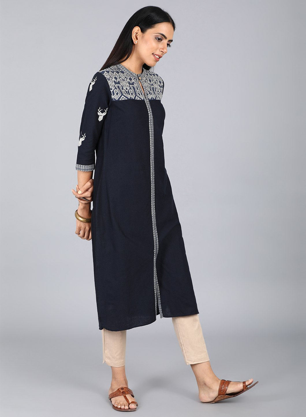 Blue Mandarin Neck Printed kurta