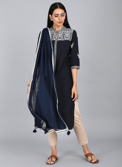 Blue Mandarin Neck Printed kurta