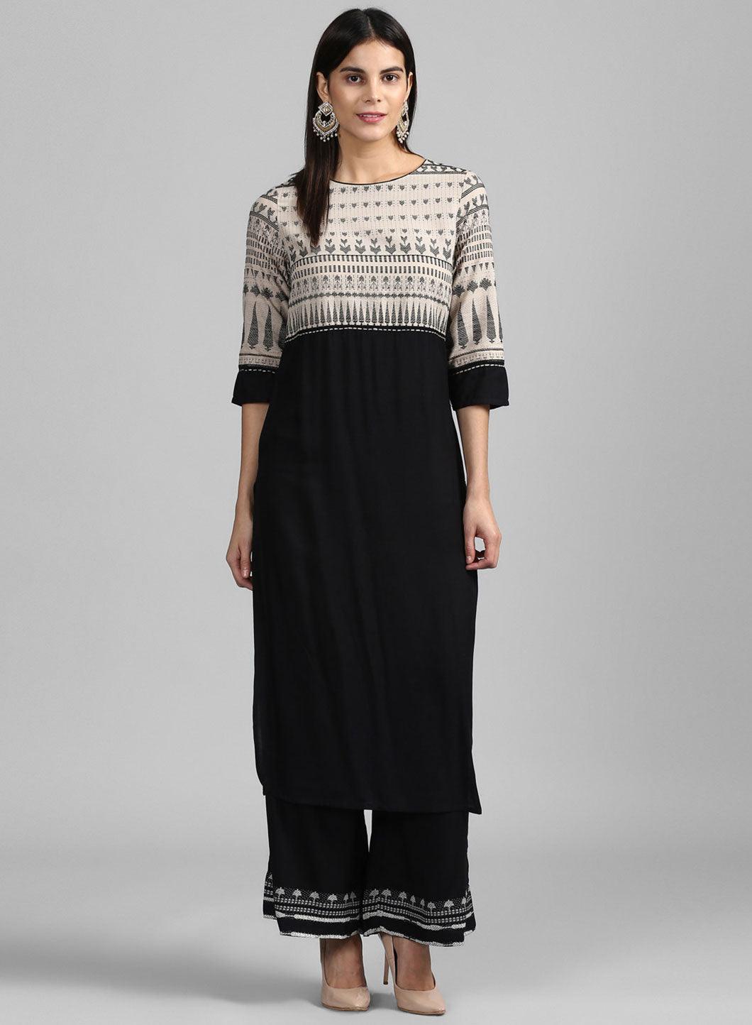 Beige &amp; Black Round Neck Dobby kurta - wforwoman