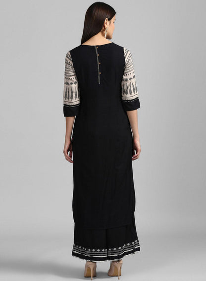 Beige &amp; Black Round Neck Dobby kurta - wforwoman