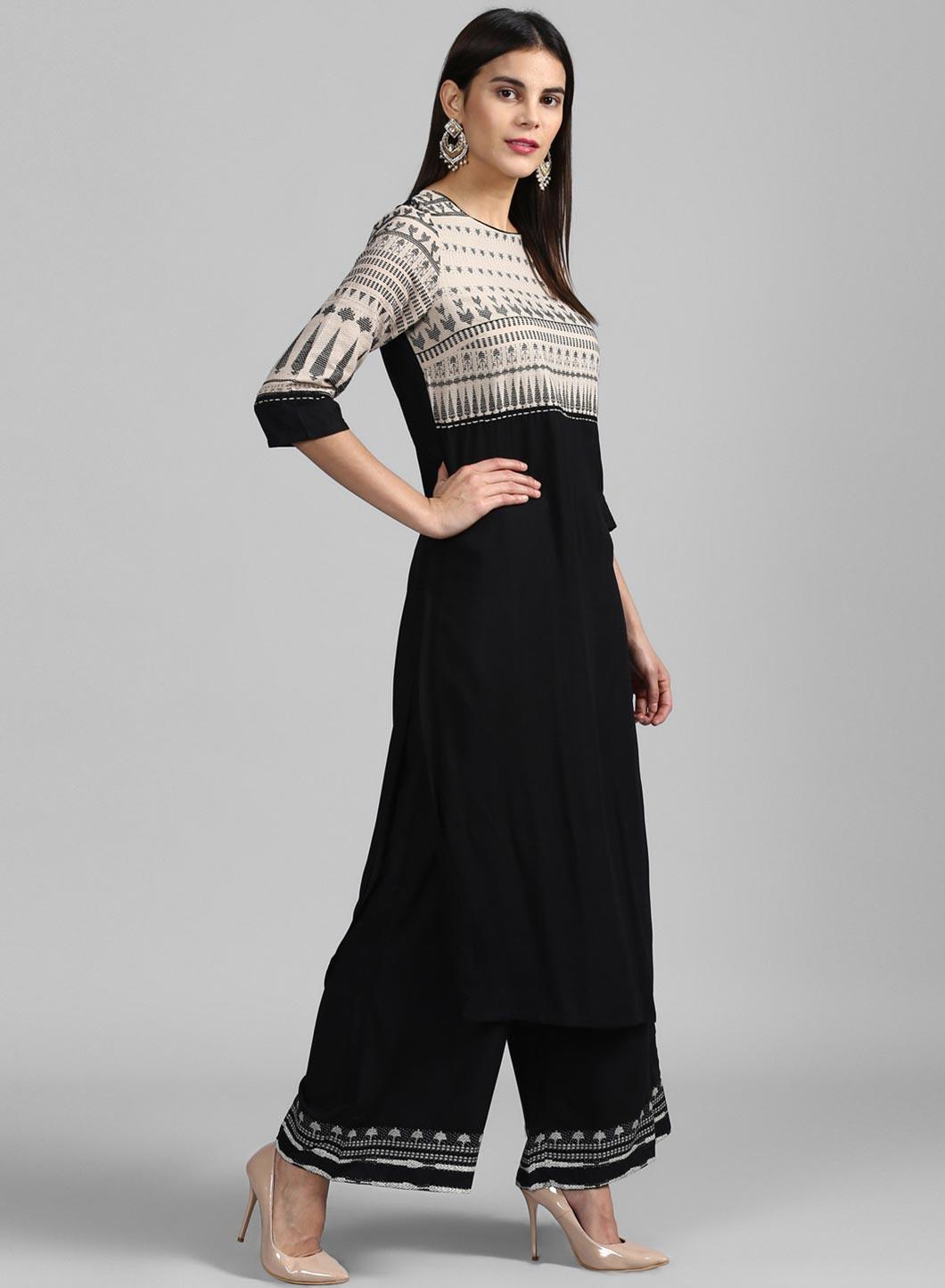 Beige &amp; Black Round Neck Dobby kurta - wforwoman