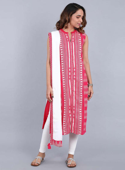 Pink Mandarin Neck Yarn-Dyed kurta - wforwoman