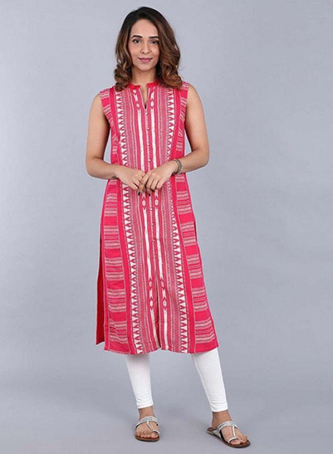 Pink Mandarin Neck Yarn-Dyed kurta - wforwoman