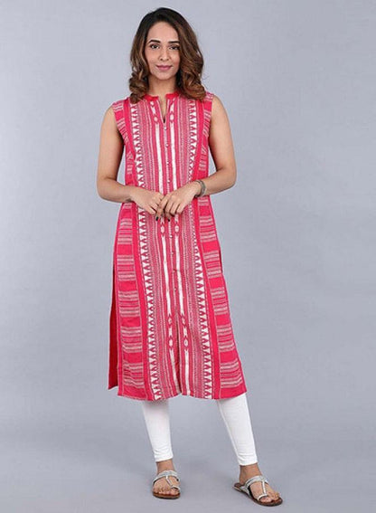 Pink Mandarin Neck Yarn-Dyed kurta - wforwoman