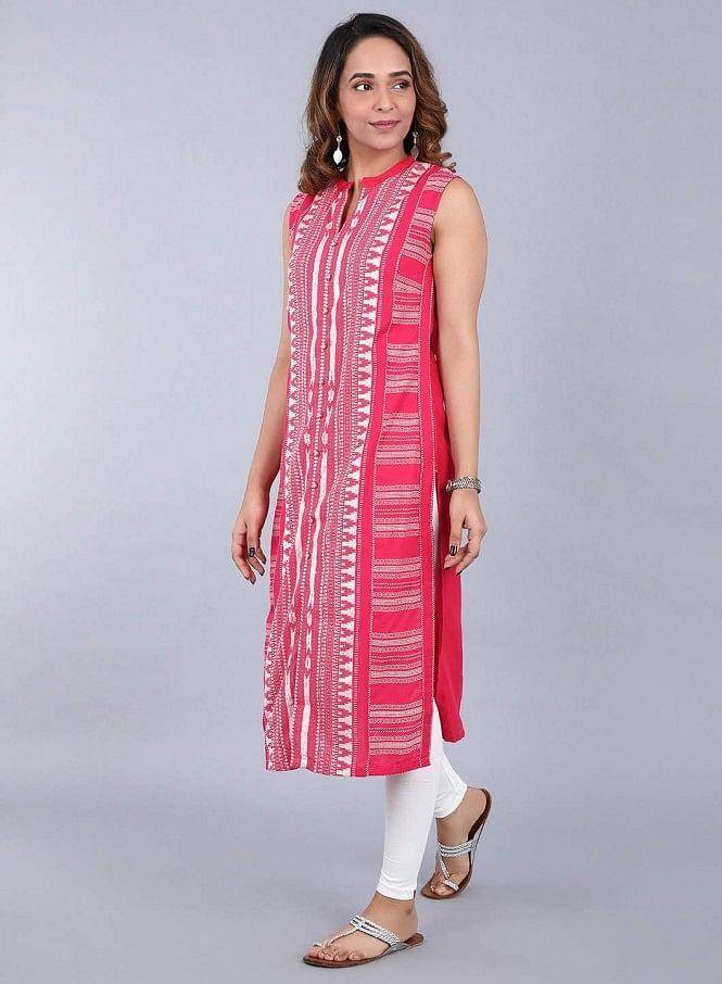 Pink Mandarin Neck Yarn-Dyed kurta - wforwoman