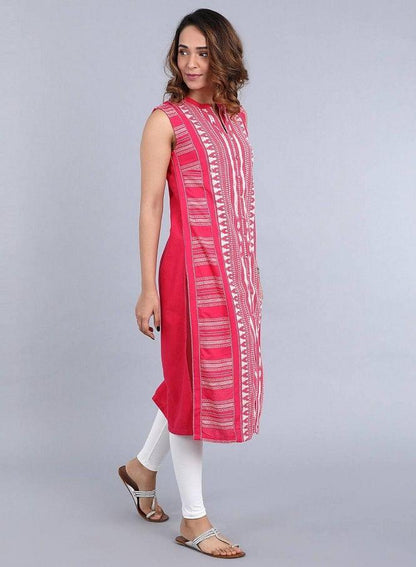 Pink Mandarin Neck Yarn-Dyed kurta - wforwoman