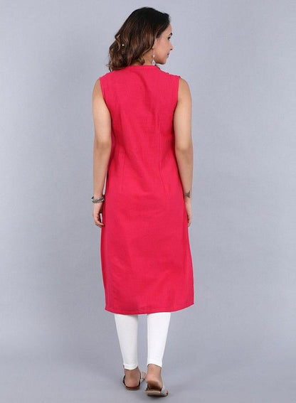 Pink Mandarin Neck Yarn-Dyed kurta - wforwoman