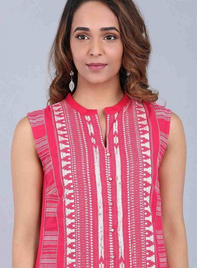 Pink Mandarin Neck Yarn-Dyed kurta - wforwoman