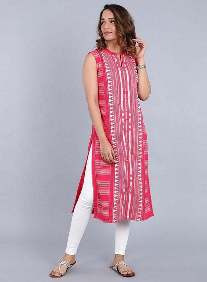 Pink Mandarin Neck Yarn-Dyed kurta - wforwoman