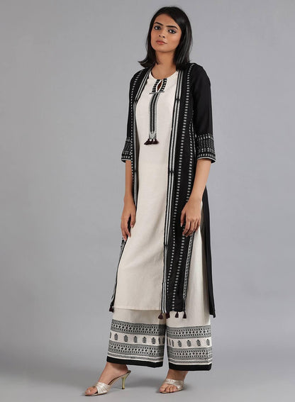 Black &amp; Ecru Round Neck Tasselled kurta - wforwoman