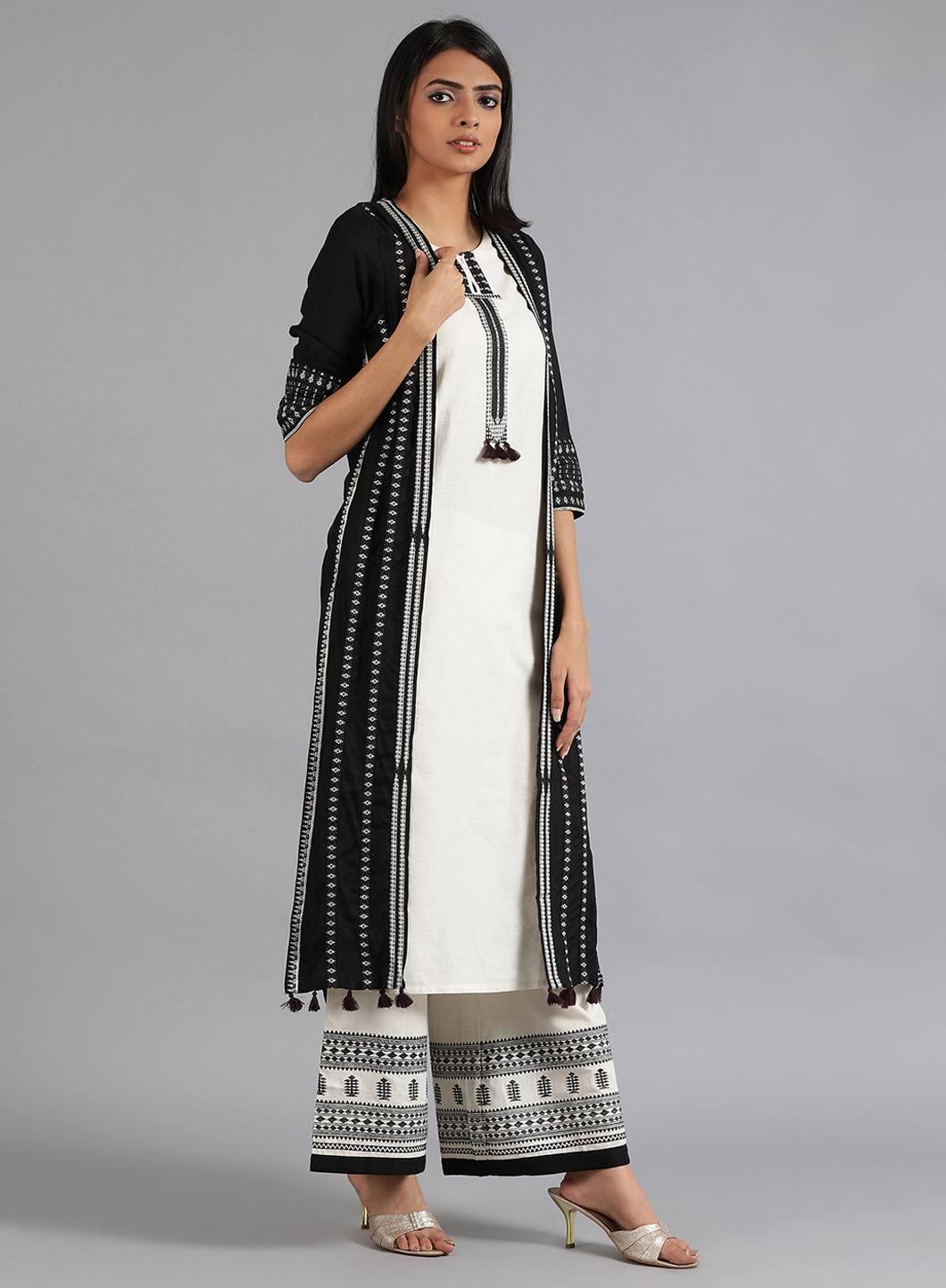 Black &amp; Ecru Round Neck Tasselled kurta - wforwoman