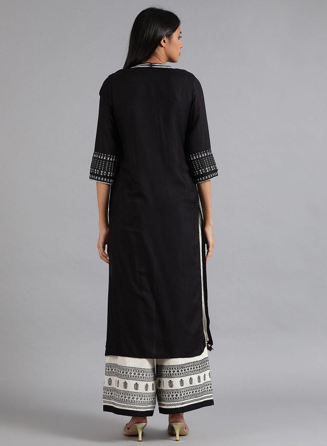 Black &amp; Ecru Round Neck Tasselled kurta - wforwoman