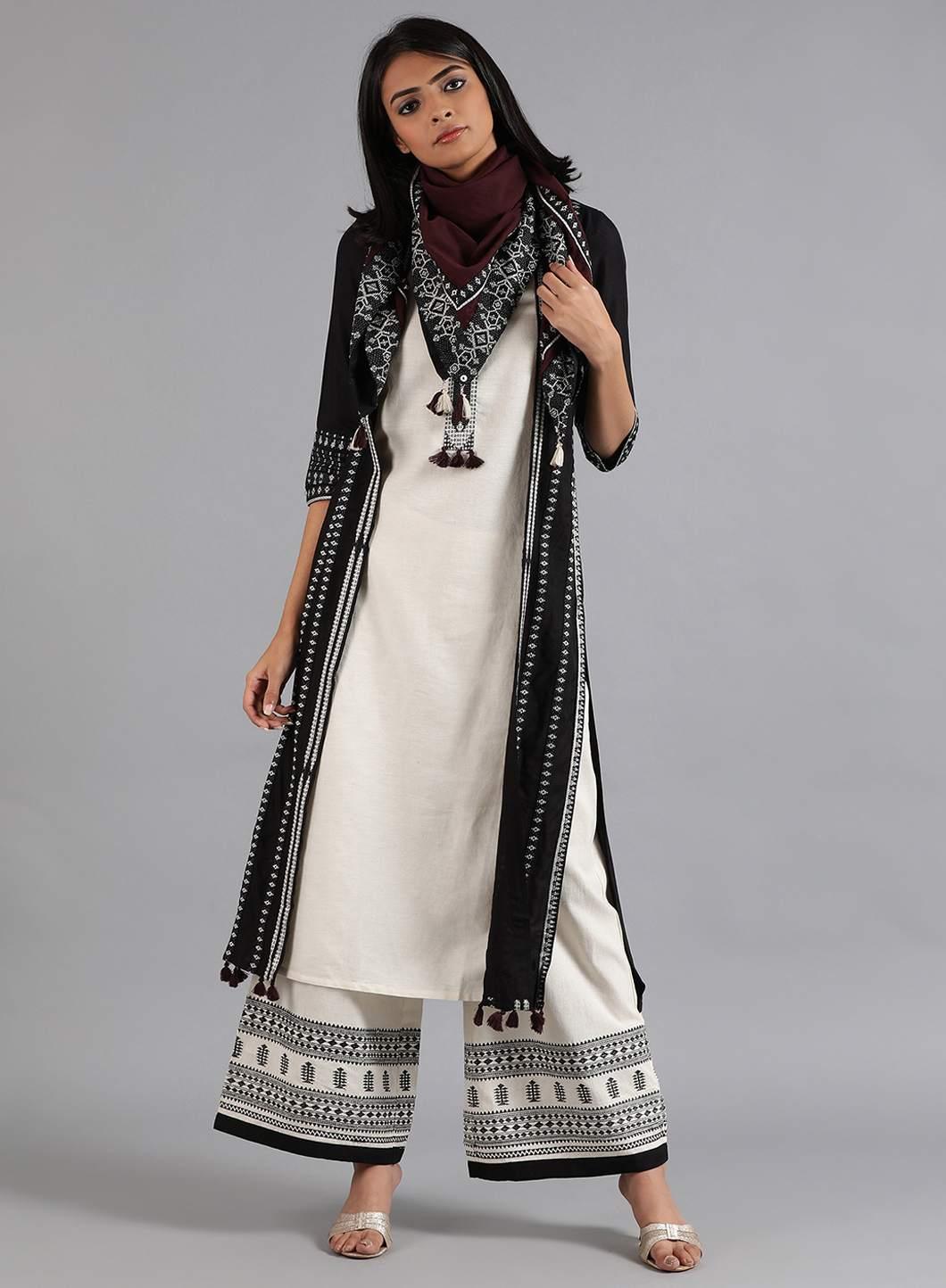 Black &amp; Ecru Round Neck Tasselled kurta - wforwoman