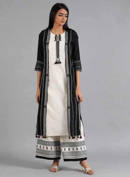 Black &amp; Ecru Round Neck Tasselled kurta - wforwoman